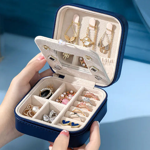 Portable Jewelry Box with Mirror and PU Leather Organizer