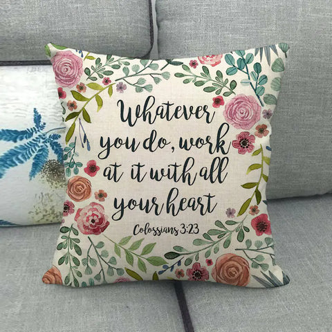 Watercolor Rose Inspirational Word Linen Cushion Cover