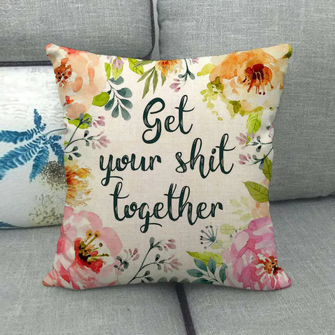Watercolor Rose Inspirational Word Linen Cushion Cover